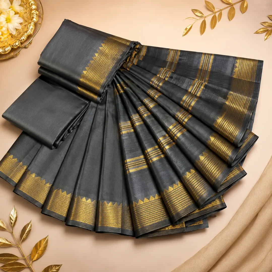 Graceful Handcrafted Charcoal Gray Mangalgiri Saree in Bapta Tussar Silk with Gold Zari Border