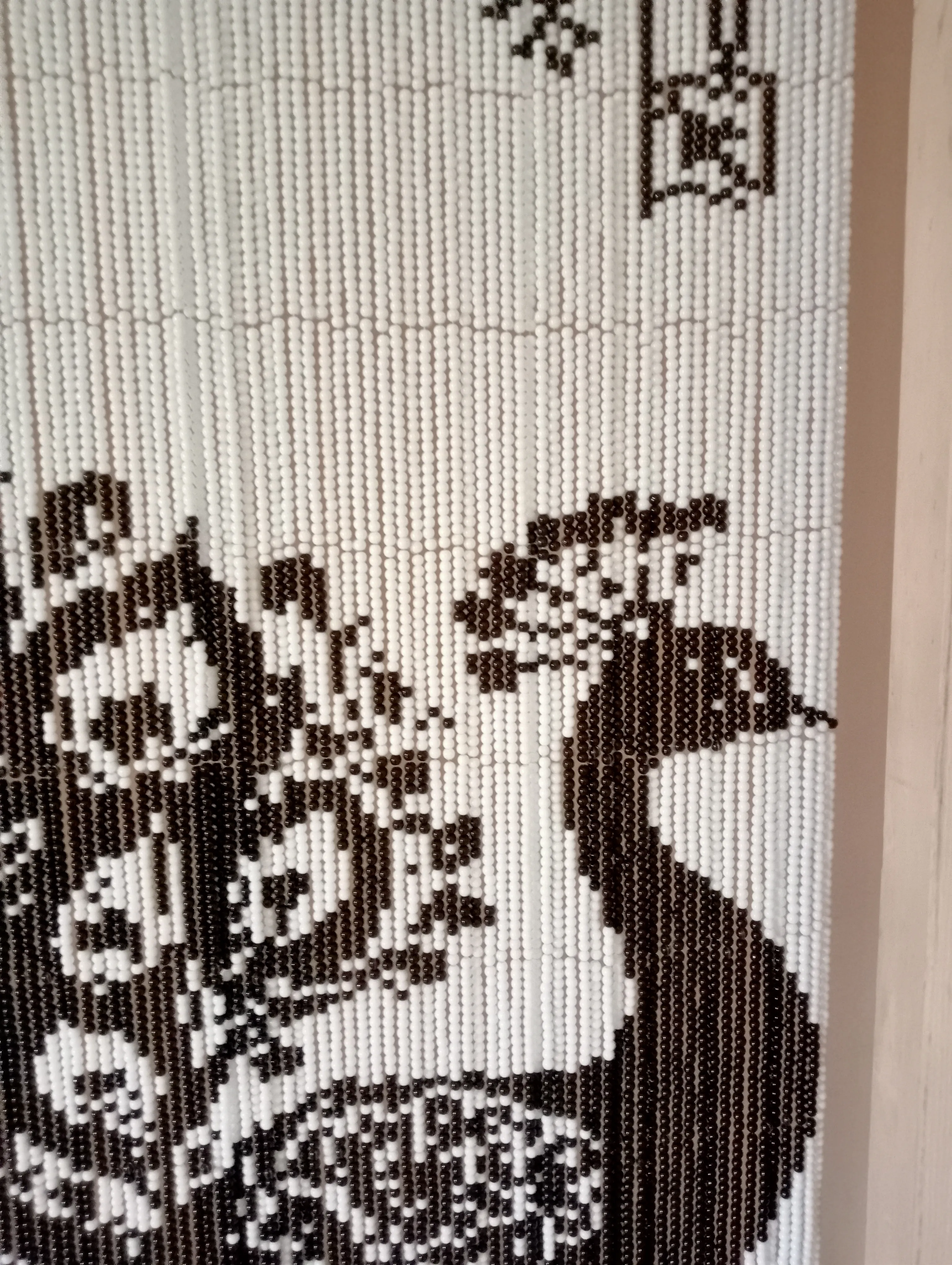 Handcrafted Pixel Glass Bead Curtain - Peacock Design - Featuring 37,700 Black and White Glass Beads