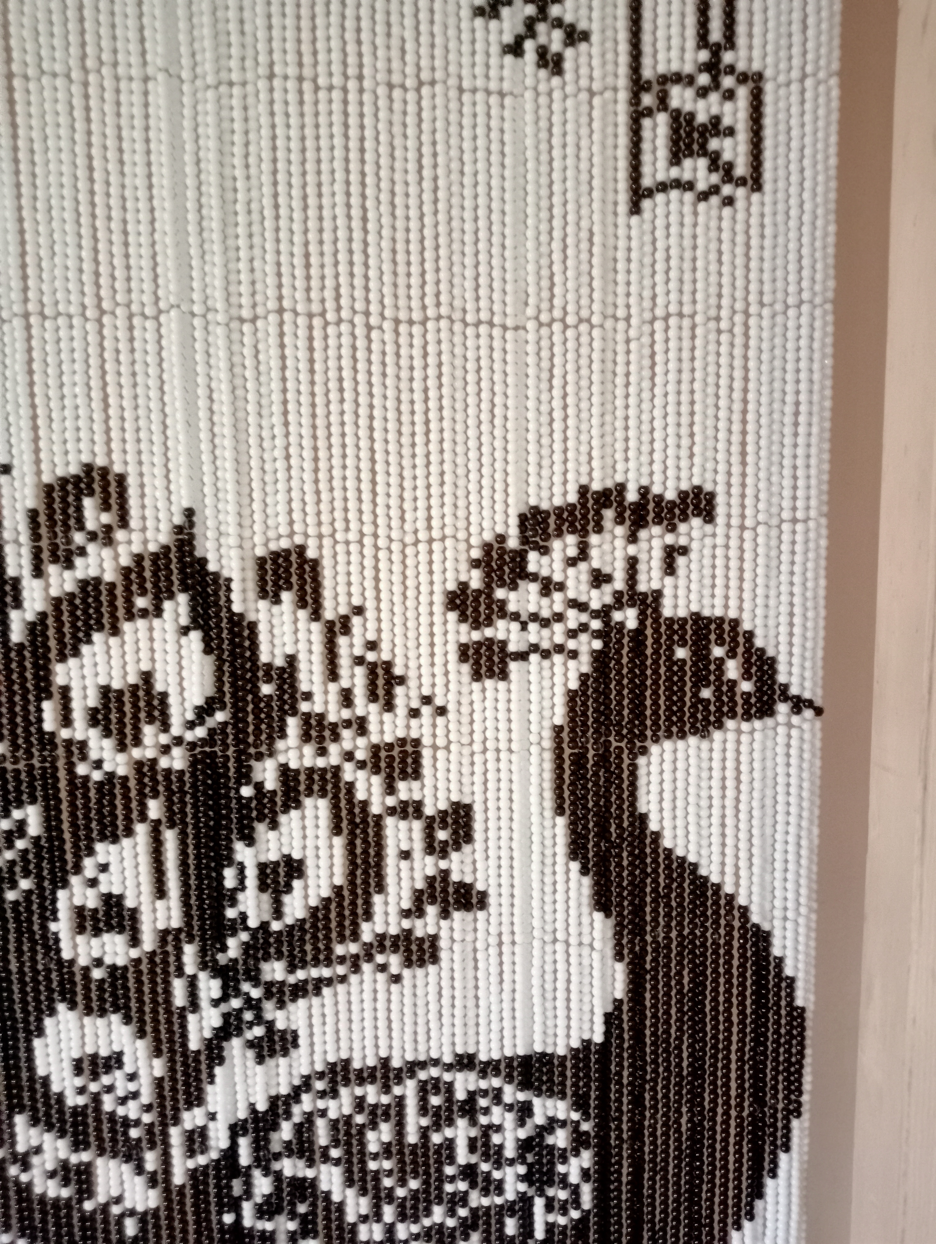 Handcrafted Pixel Glass Bead Curtain - Peacock Design - Featuring 37,700 Black and White Glass Beads