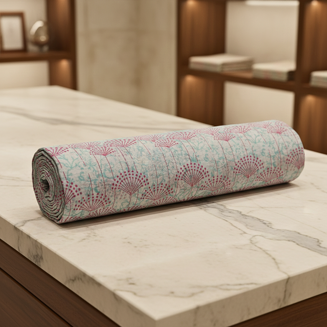 Single-Sided Hand Block Printed Mal Cotton Fabric – Soft Pastel Floral | Sold Per Meter