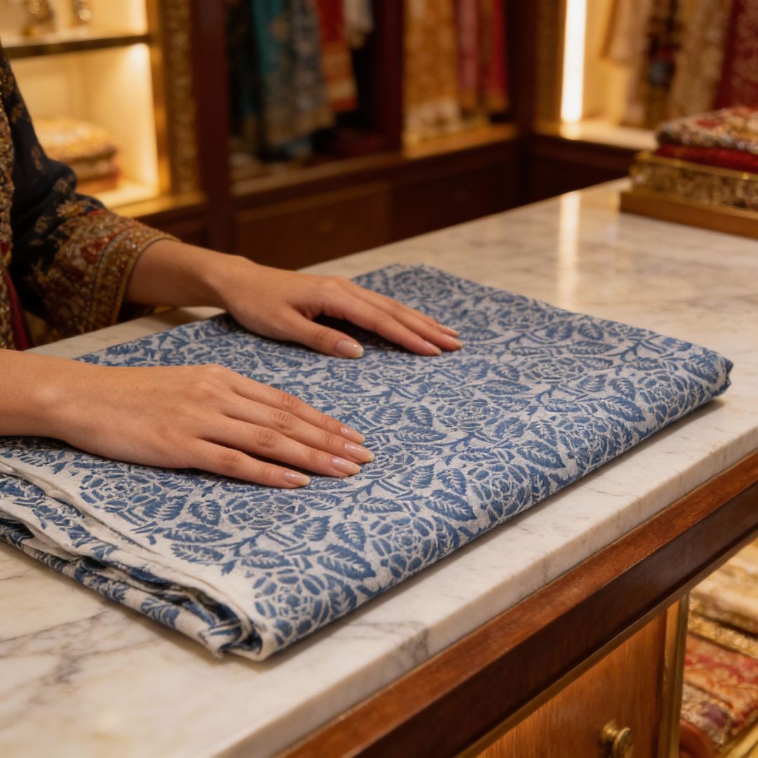 Single-Sided Block Printed Mal Cotton Fabric in Indigo Floral Pattern