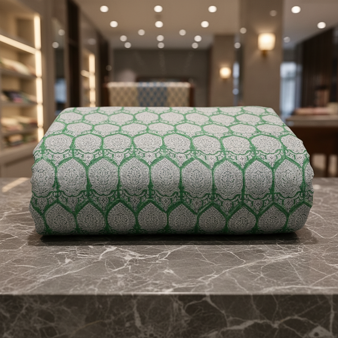 Single-Sided Block Printed Mal Cotton Fabric in Green Lattice Floral Pattern