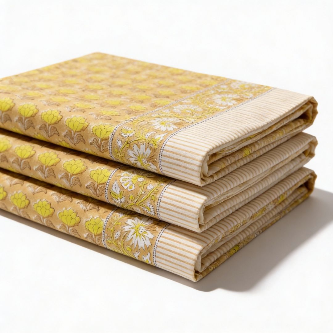 Single-Sided Block Printed Double Bedsheet in Yellow Floral Pattern