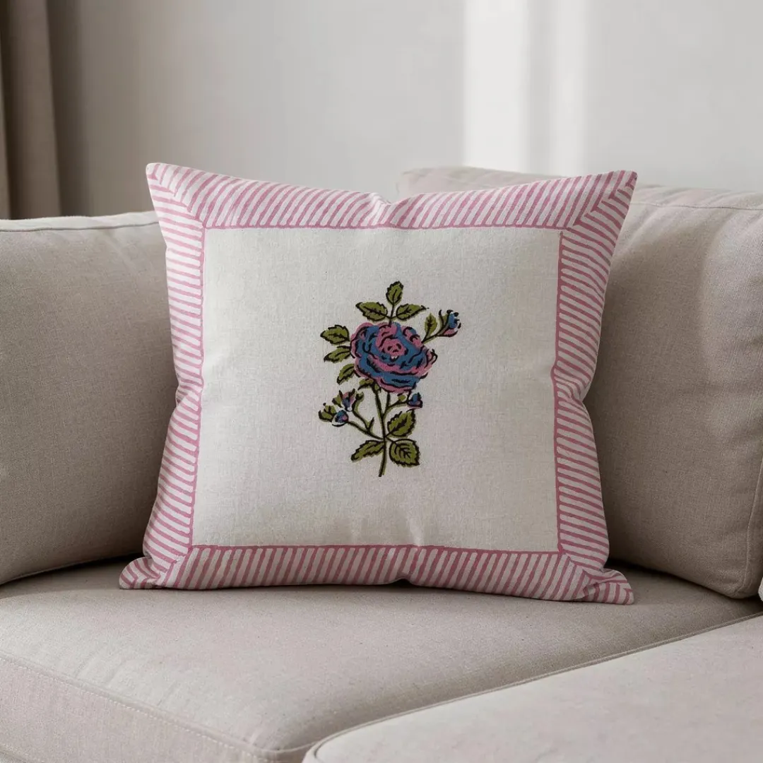 South Cotton Block Printed Cushion Covers with Central Floral Motif (Set of 2)