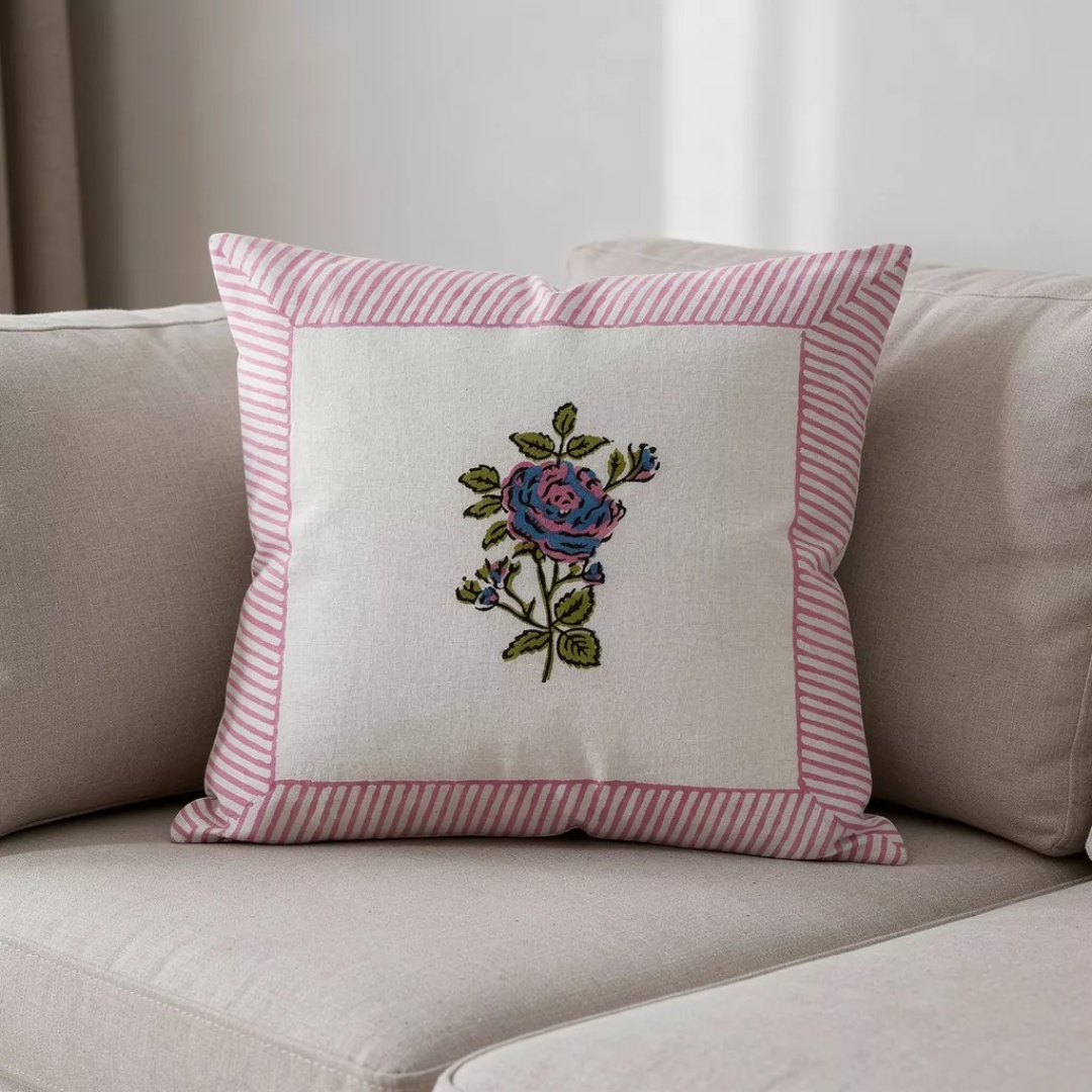 South Cotton Block Printed Cushion Covers with Central Floral Motif (Set of 2)