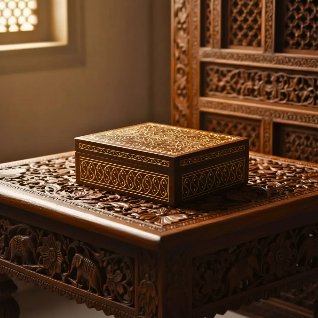 Royal Blossom Wooden Tarkashi Inlay Box for Jewellery and Keepsakes