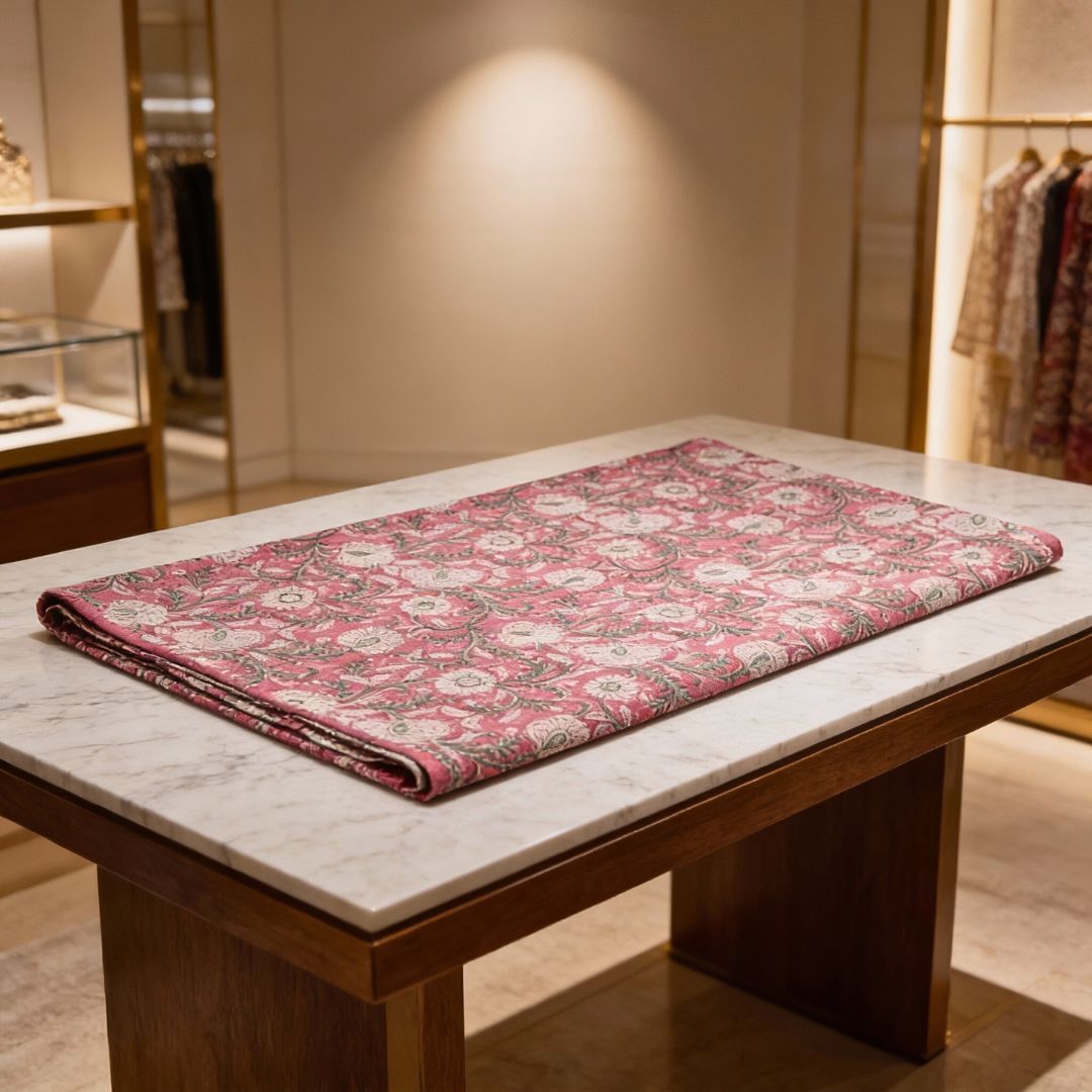 Single-Sided Block Printed Cotton Fabric in Red Floral Pattern