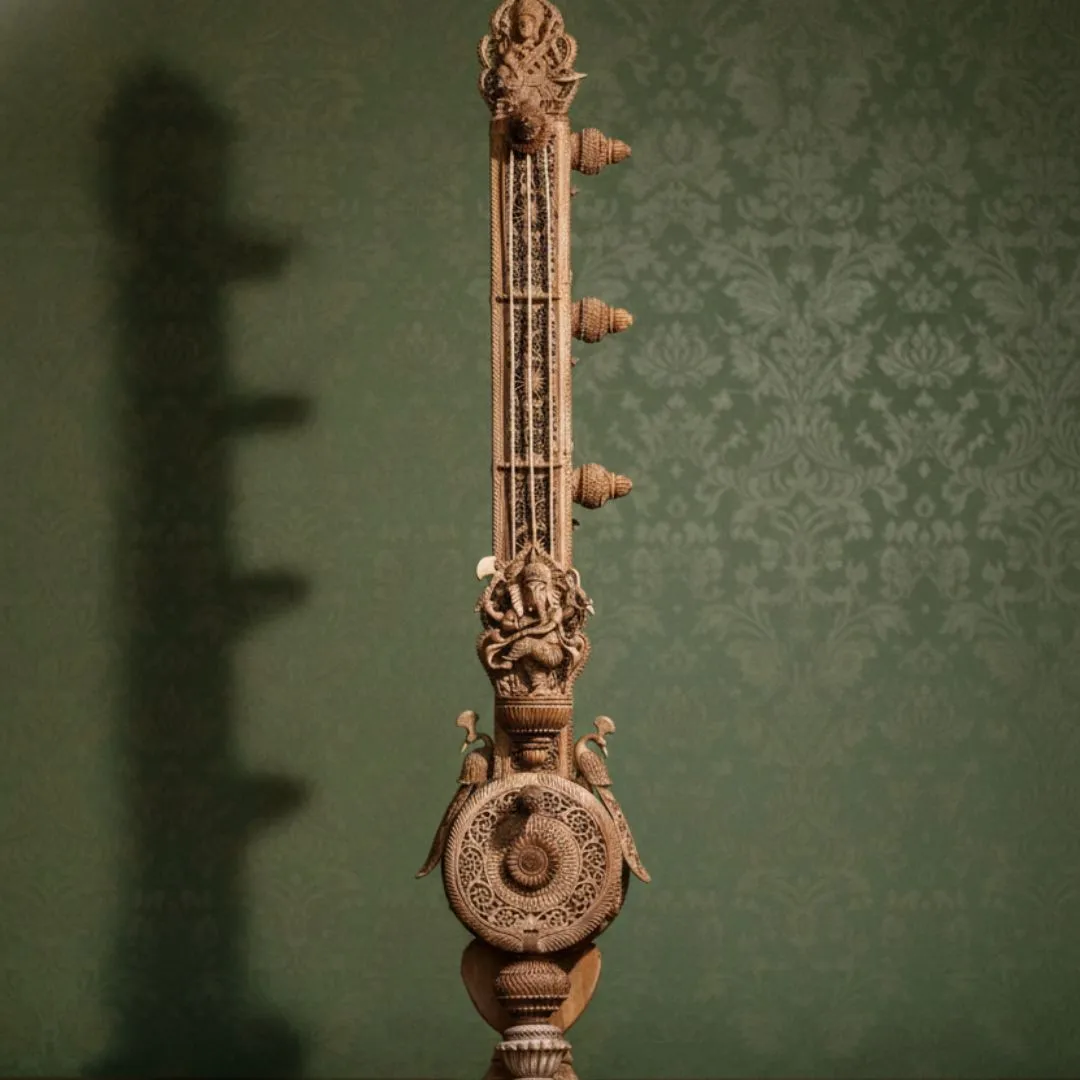 Pure Sandalwood Divine Veena Sculpture with Ornate Carving