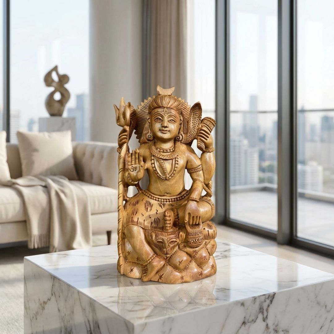 Mini Sandalwood Lord Shiva Idol with Om Hand and Trishul Carving