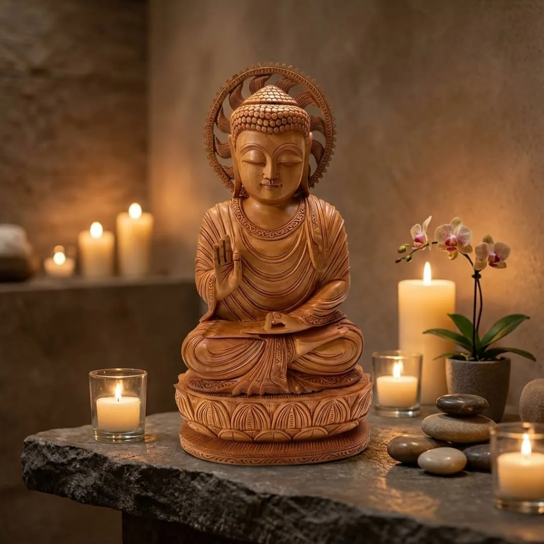 Lord Buddha Meditation Sandalwood Sculpture with Lotus Base Detailing