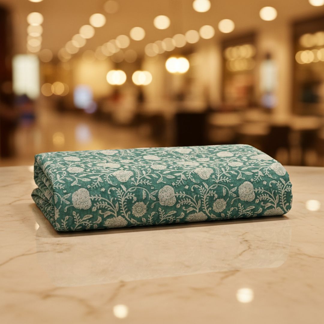 Single-Sided Hand Block Printed Mal Cotton Fabric – Teal Floral | Sold Per Meter