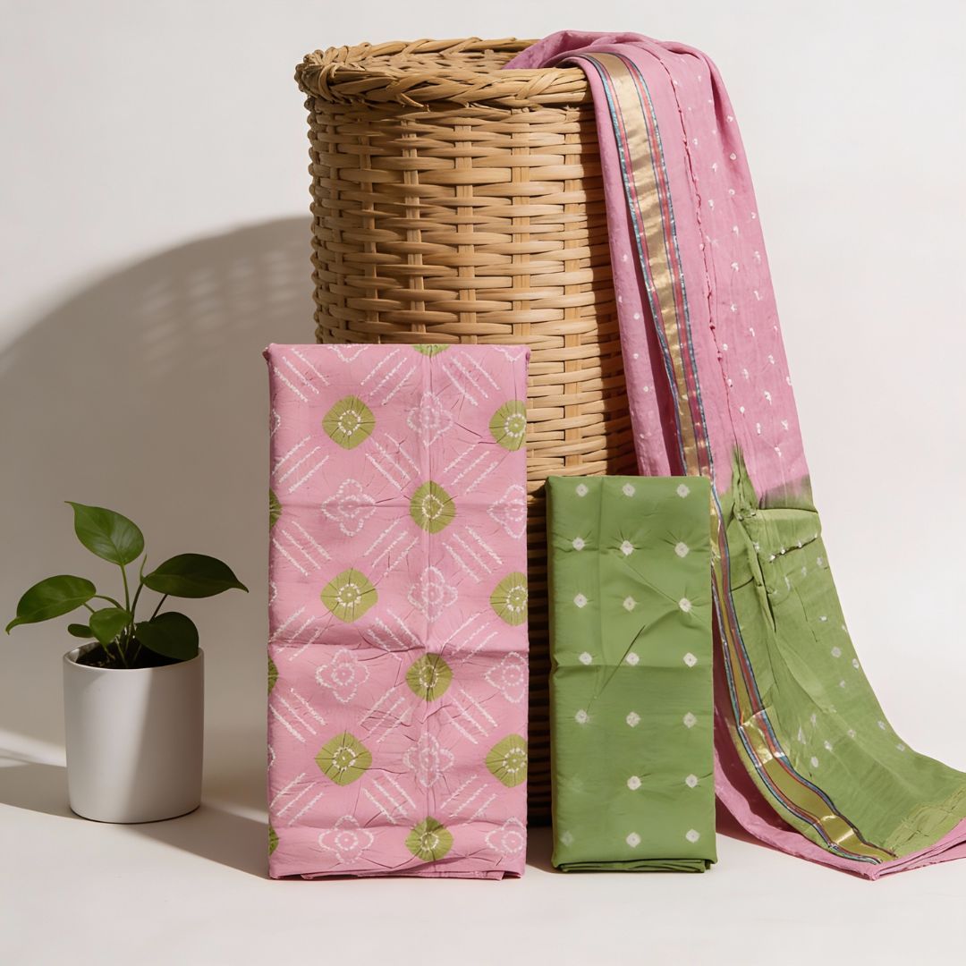 Glace Cotton Suit Fabric with Traditional Tie and Dye Motifs for Cut Top