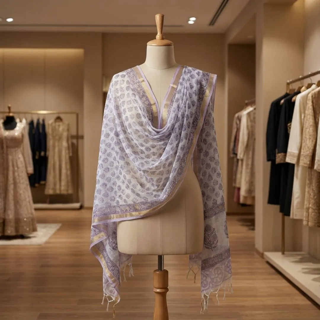 Hand Block Printed Kota Doriya Dupatta in Soft Grey Blue Motif 