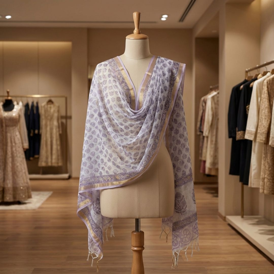 Hand Block Printed Kota Doriya Dupatta in Soft Grey Blue Motif 