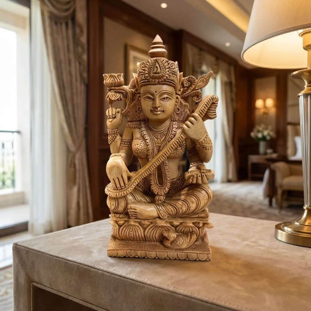 Sandalwood Saraswati Idol with Veena and Lotus Base
