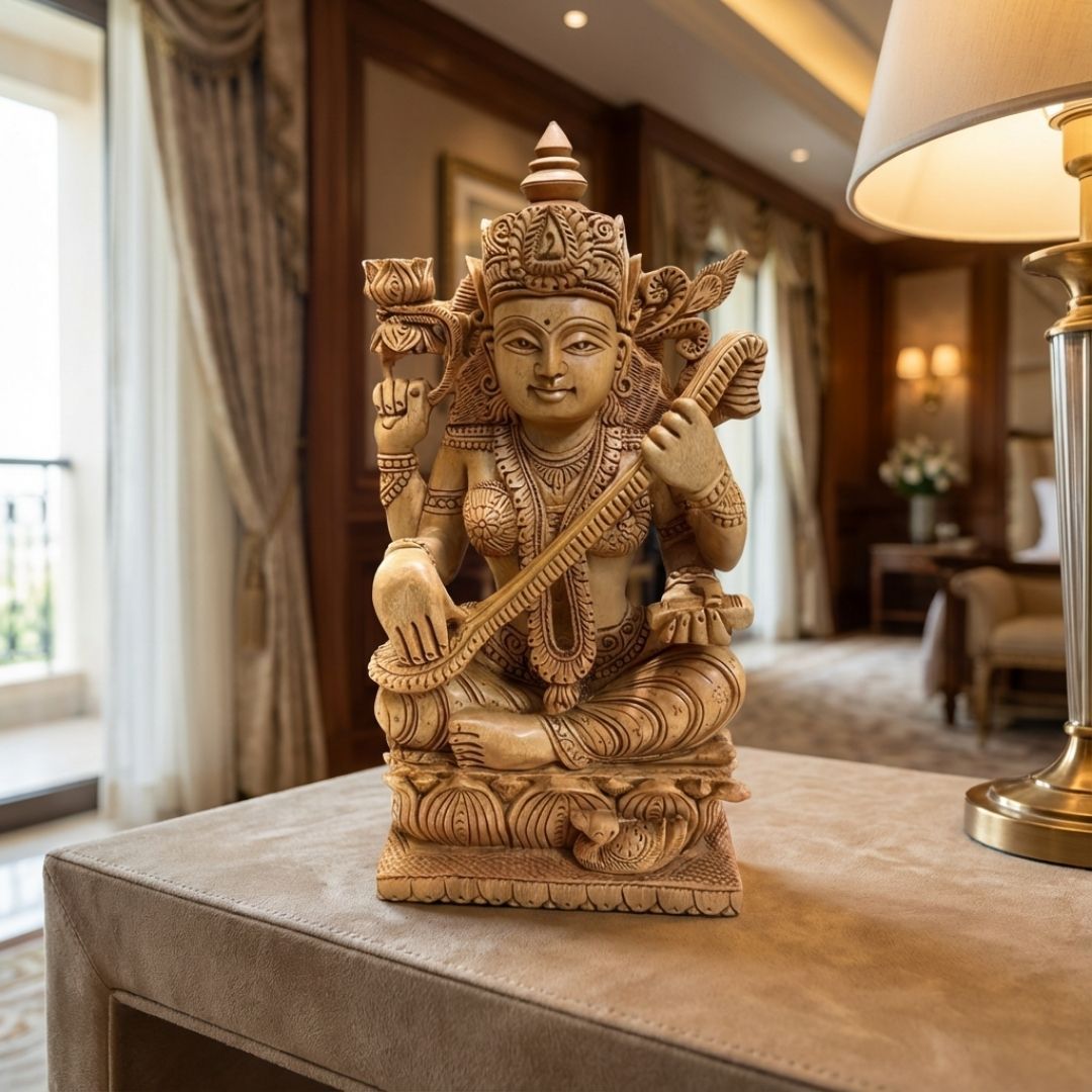 Sandalwood Saraswati Idol with Veena and Lotus Base