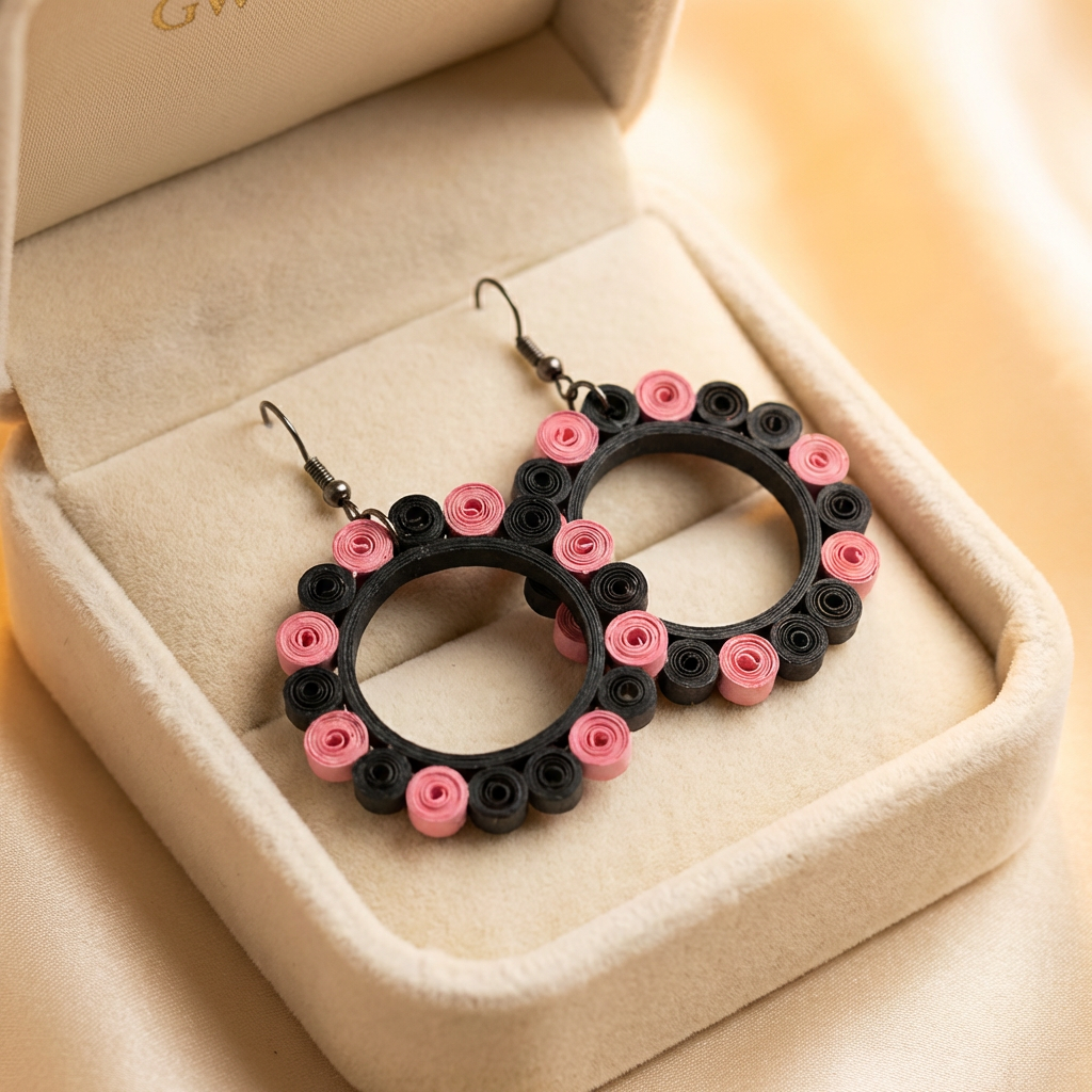   “Midnight Bloom Hoops” – Handmade Paper Quilling Earrings