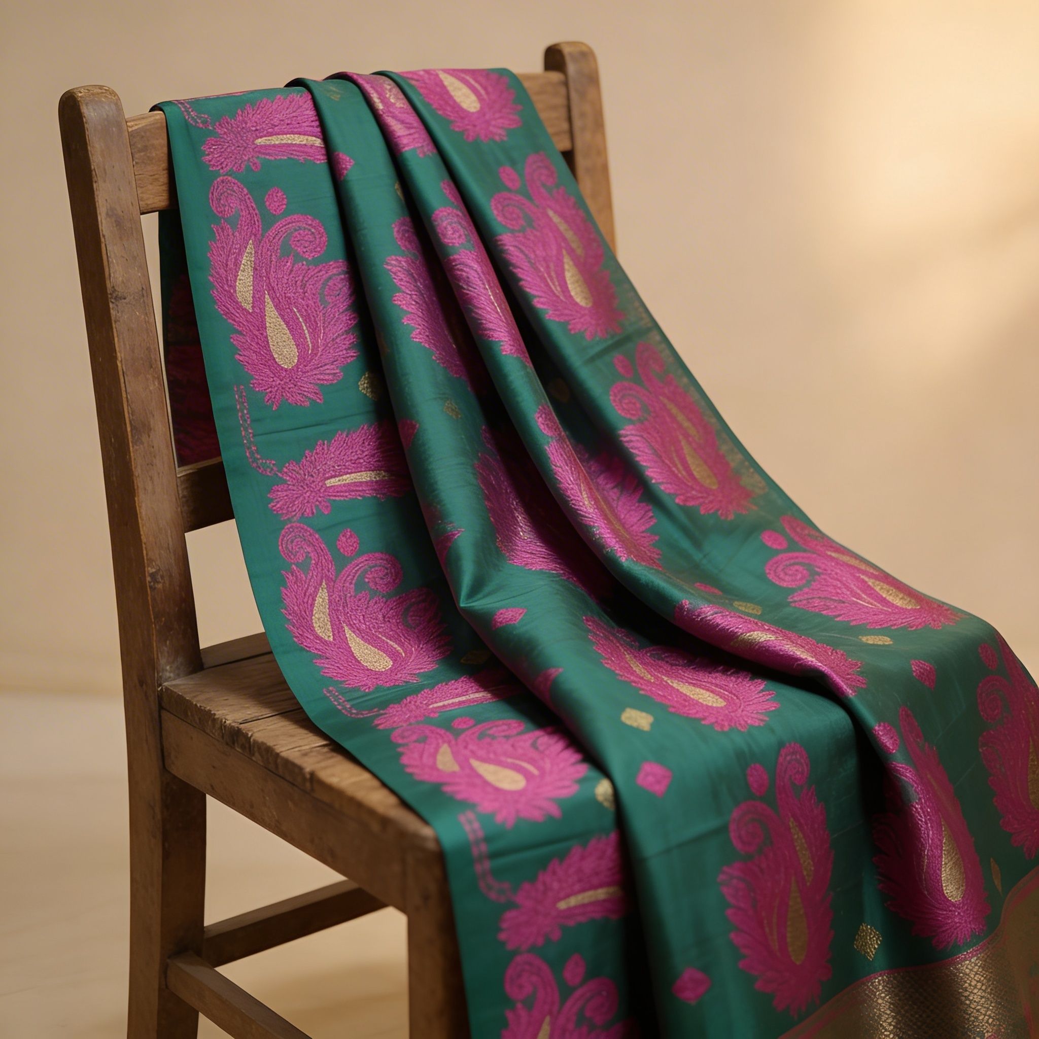 Dhakai Jamdani Saree Green Pink Design