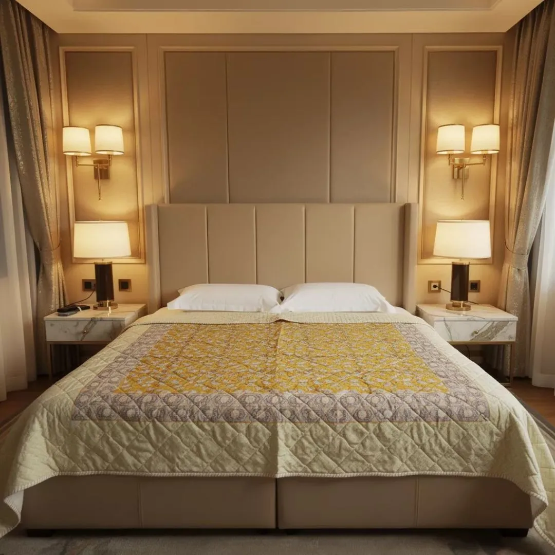 Single Double-Sided Block Printed Cotton Comforter in Yellow Floral Pattern