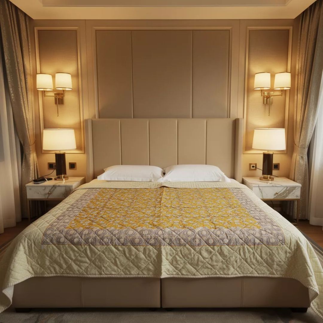 Single Double-Sided Block Printed Cotton Comforter in Yellow Floral Pattern