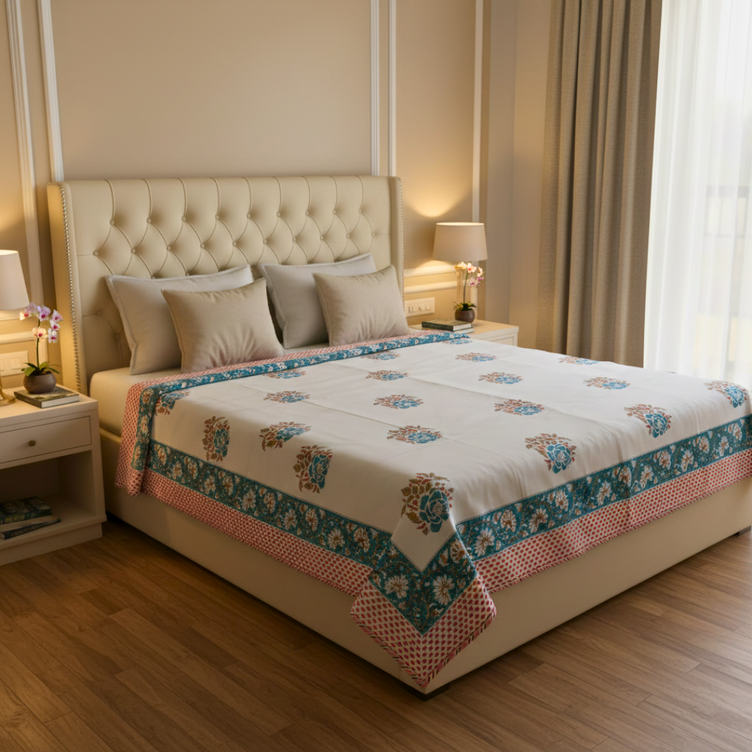 Single Double-Sided Block Printed Cotton Comforter in Teal Floral Pattern