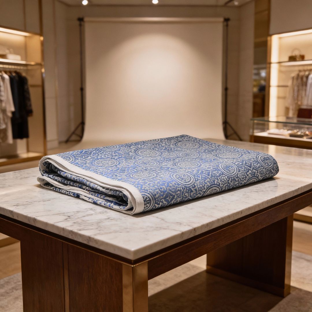 Single-Sided Hand Block Printed Mal Cotton Fabric – Soft Blue Pattern | Sold Per Meter