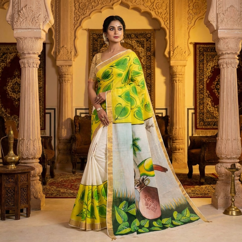 Kerala Cotton Hand-Painted Off-White Saree with Lime Green Leaf Motifs & Scenic Pallu | Includes Blouse Piece