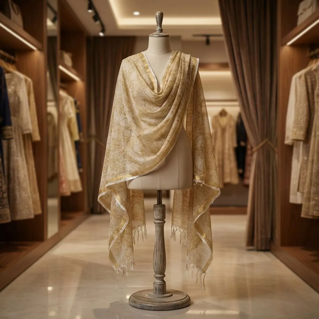 Hand Block Printed Kota Doriya Dupatta in Soft Yellow Floral Pattern