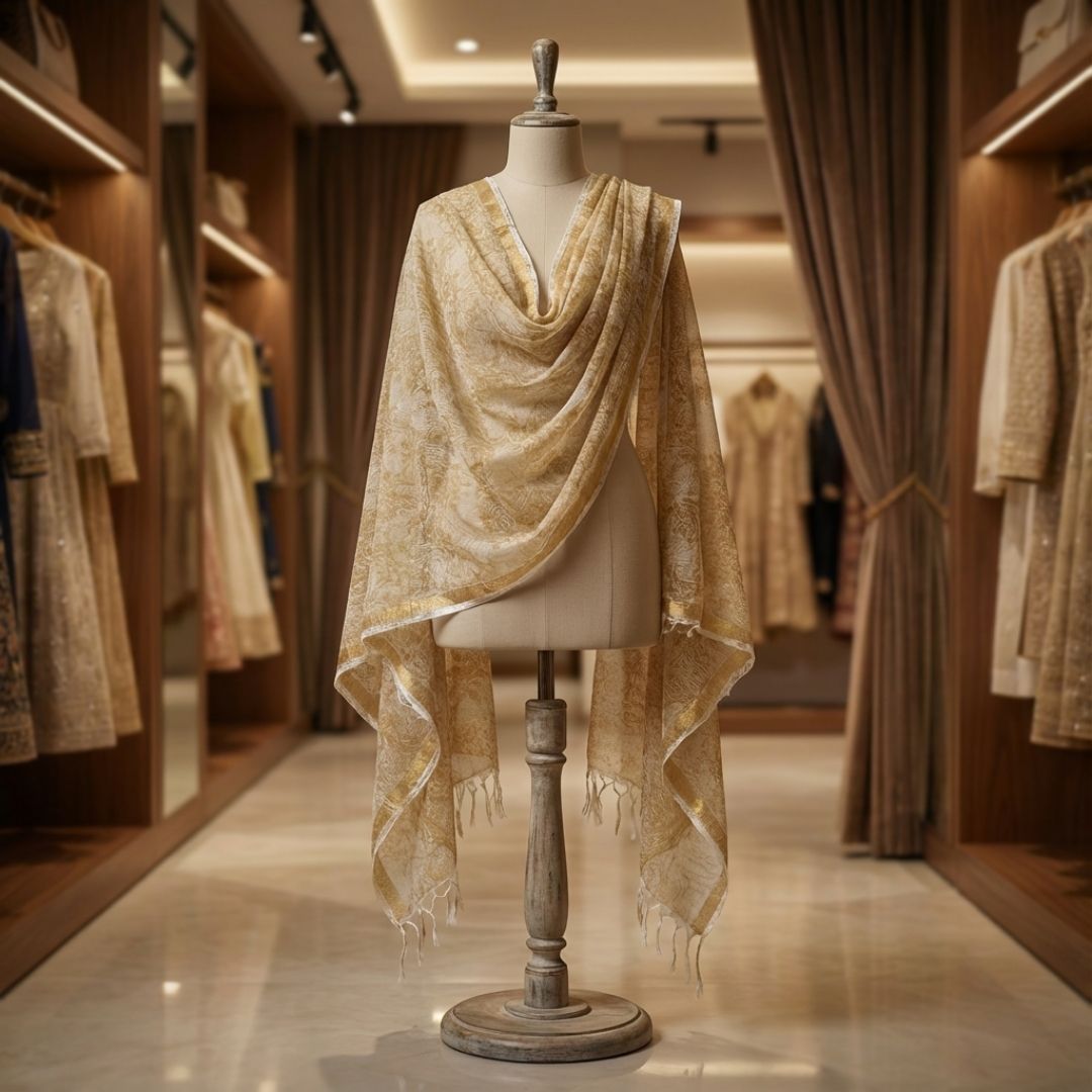 Hand Block Printed Kota Doriya Dupatta in Soft Yellow Floral Pattern