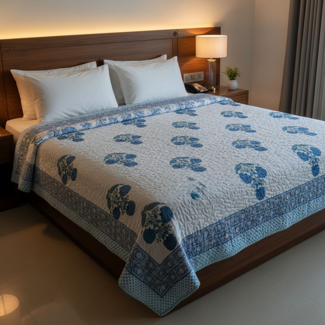Single Double-Sided Block Printed Cotton Comforter in Blue Floral Pattern