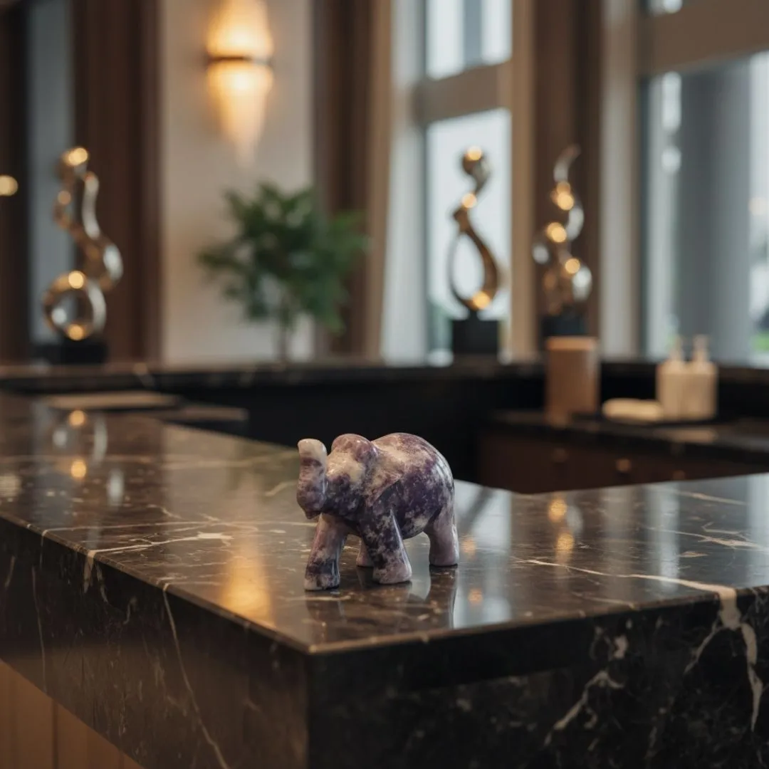 Hand Carved Lepidolite Gemstone Elephant Sculpture for Home Decor and Healing
