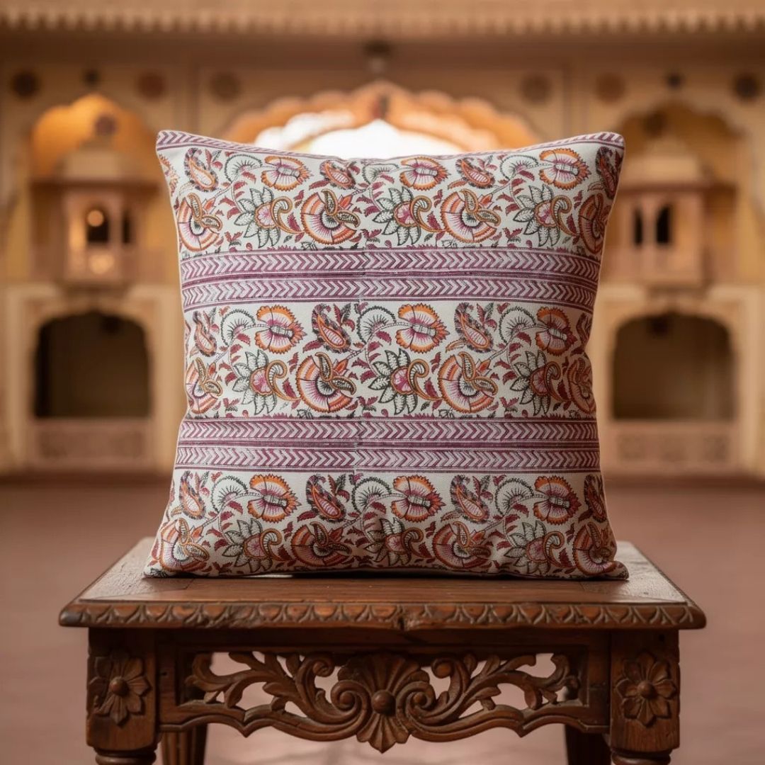 Block Printed Cotton Cushion Covers with Traditional Motif Pattern (Set of 2)
