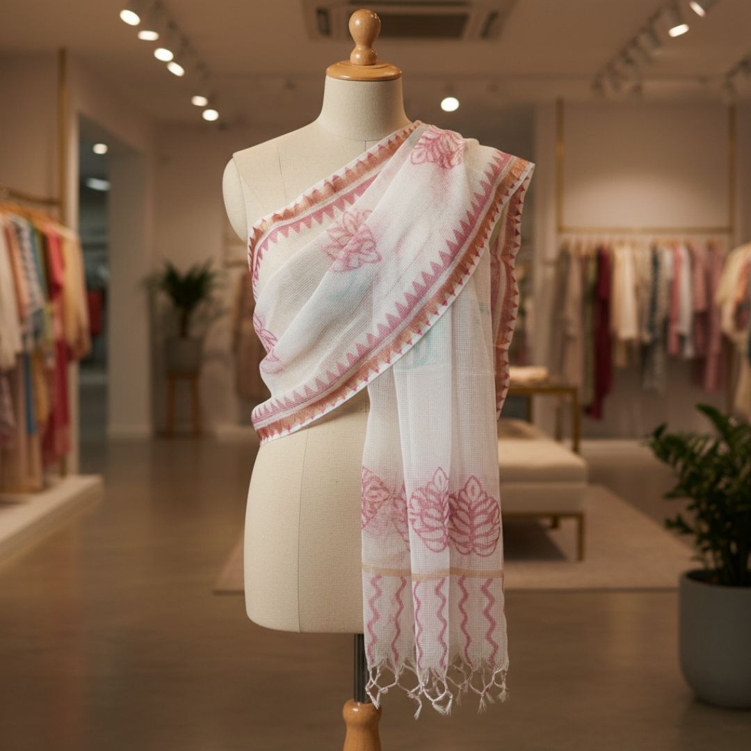 Hand Block Printed Kota Doriya Dupatta in Soft Floral Motifs