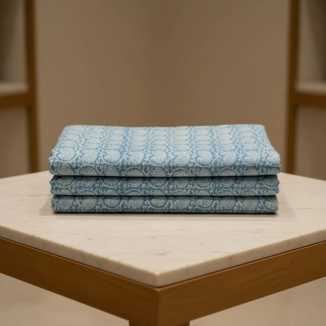 Single-Sided Hand Block Printed Mal Cotton Fabric – Blue Check | Sold Per Meter