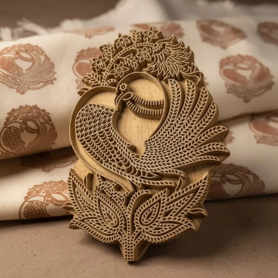 Intricately Carved Roheda Wood Peacock Printing Block