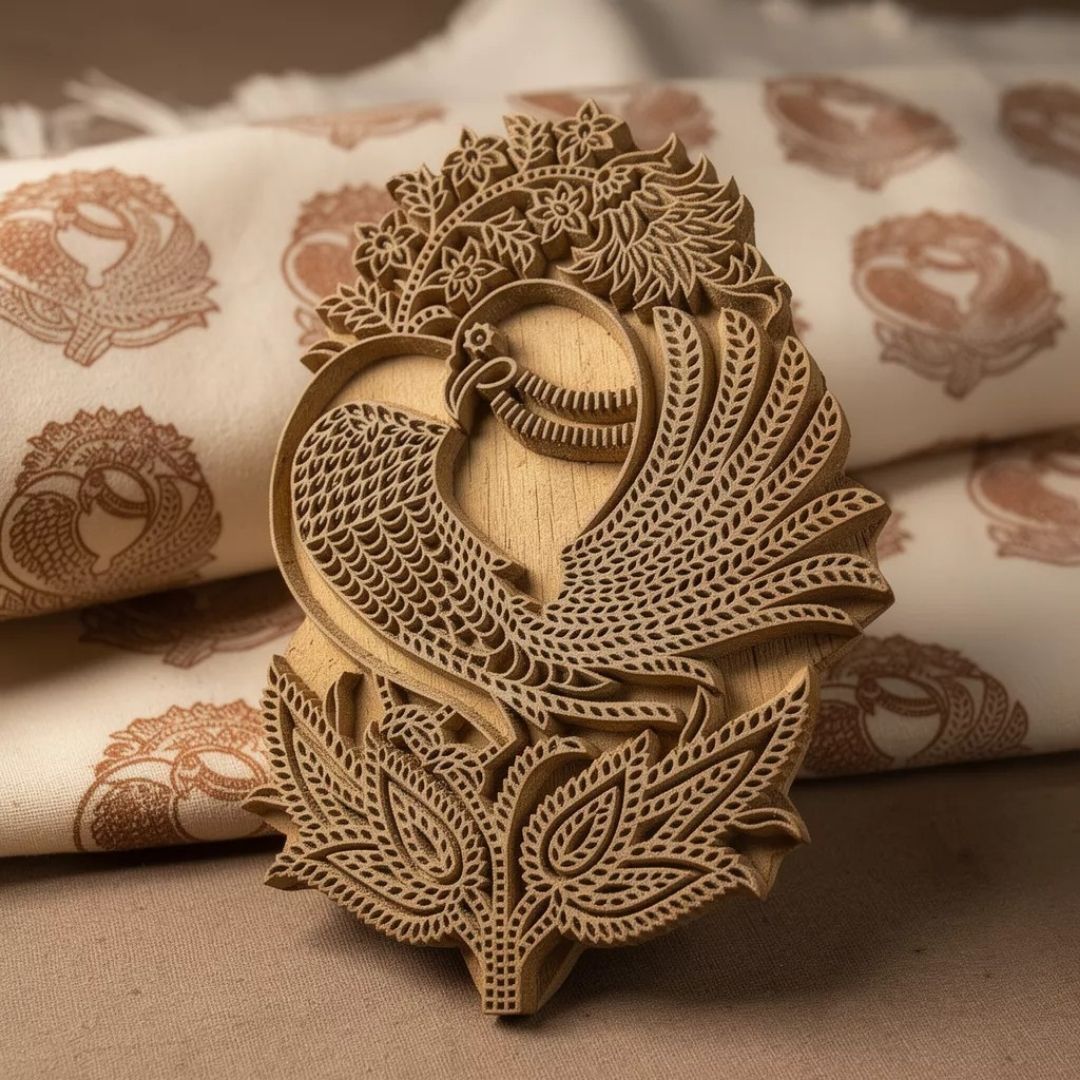 Intricately Carved Roheda Wood Peacock Printing Block