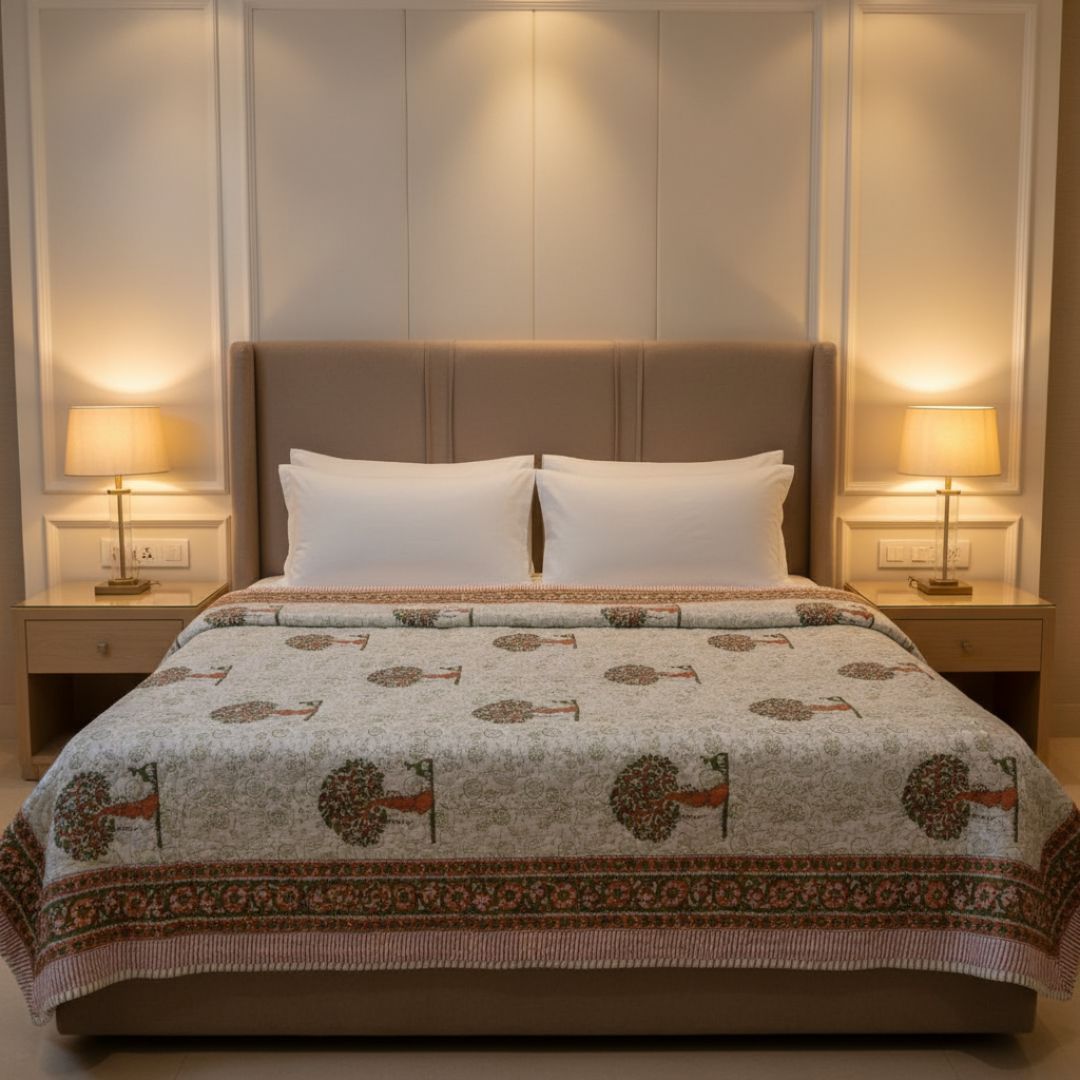 Double Double-Sided Block Printed Cotton Comforter with Tree and Border Motifs