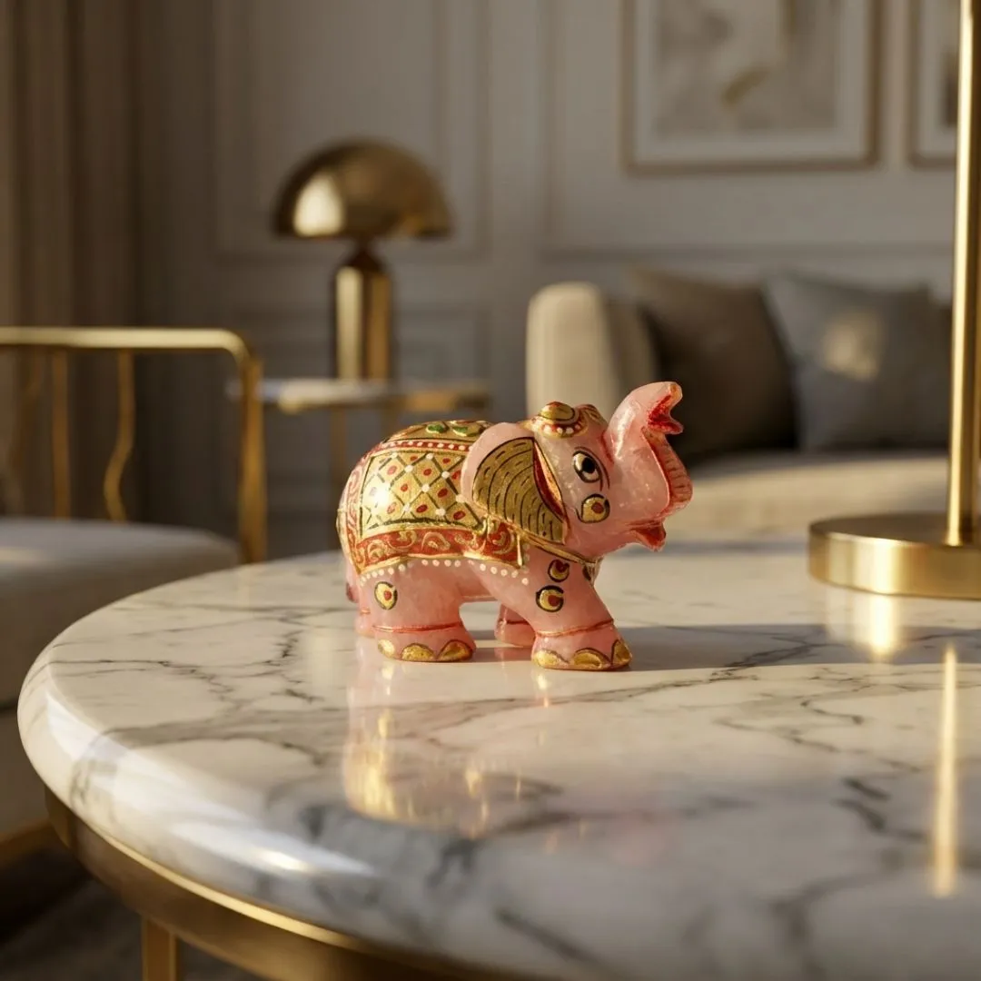 Handcrafted Rose Quartz Elephant Figurine with Traditional Painting