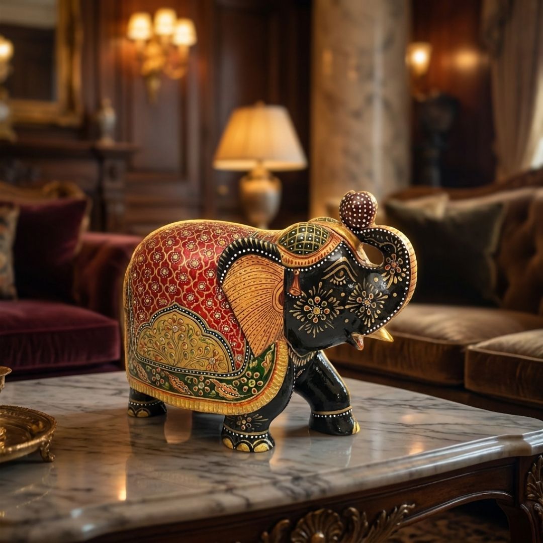 Rajasthani Hand-Painted Decorative Elephant in Red and Green Pattern