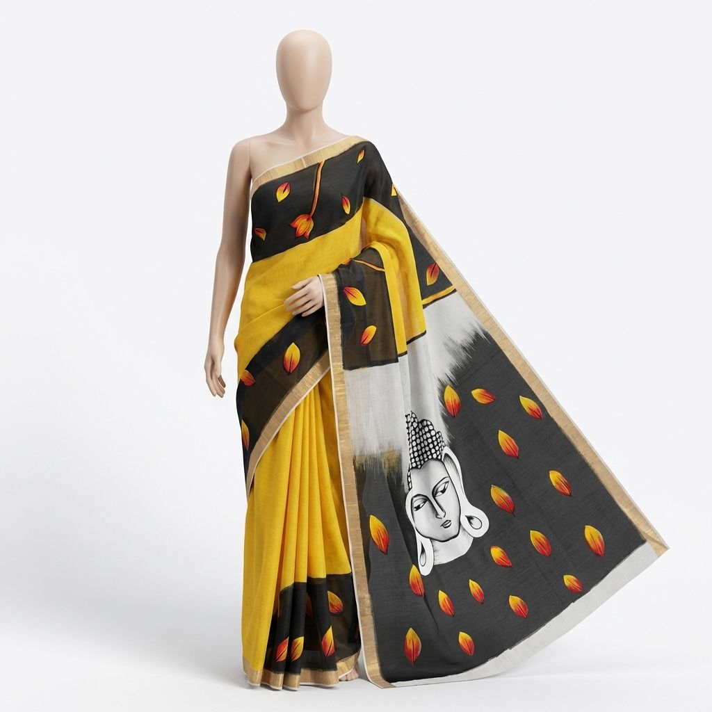 Kerala Hand-Painted Cotton Saree with Buddha Print & Gold Border (Yellow, Black & White) – Includes Blouse Piece