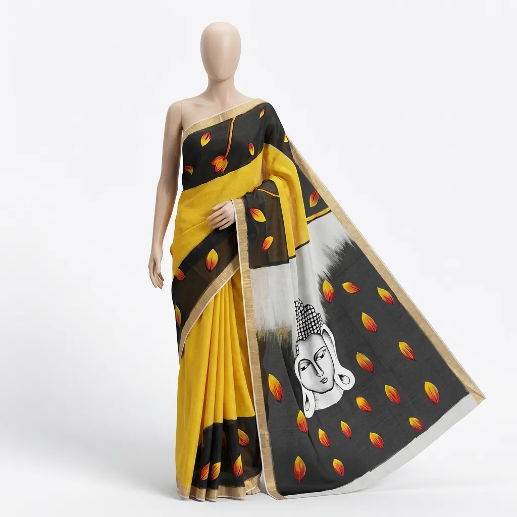 Kerala Hand-Painted Cotton Saree with Buddha Print & Gold Border (Yellow, Black & White) – Includes Blouse Piece