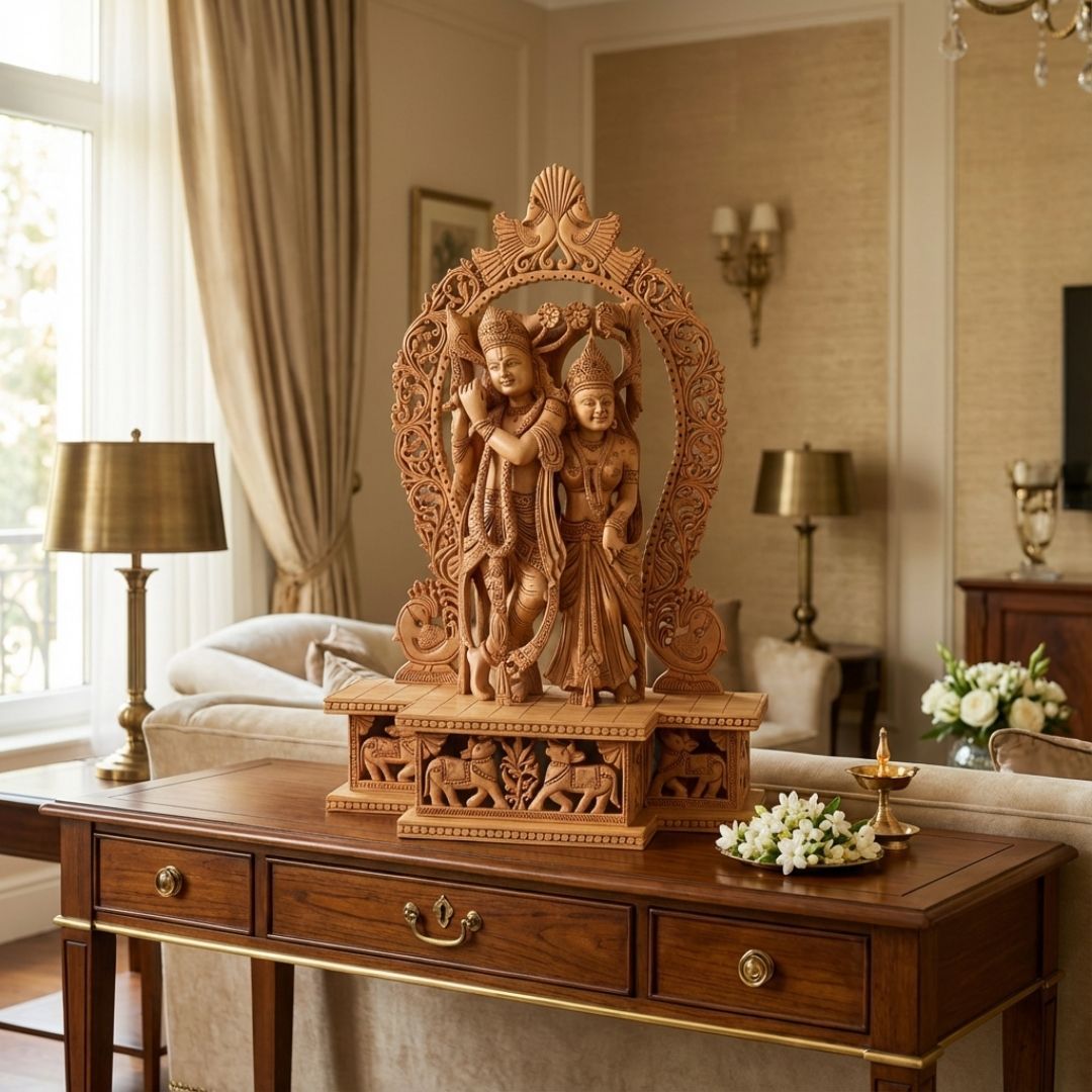 Radha Krishna Jugal Murti with Peacock Arch and Premium Base in Sandalwood