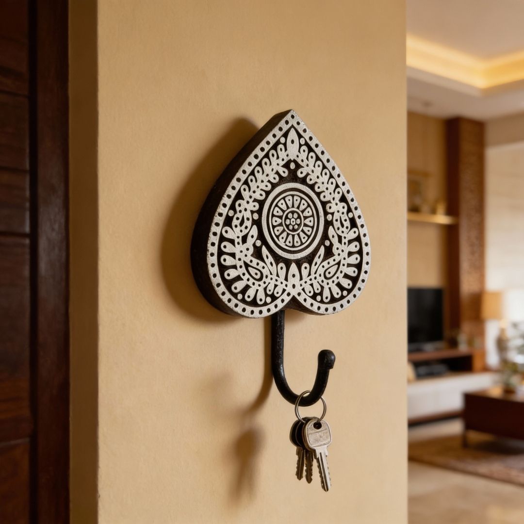 Hand-Carved Shisham Wood Key Holder with Paisley Heart Motif