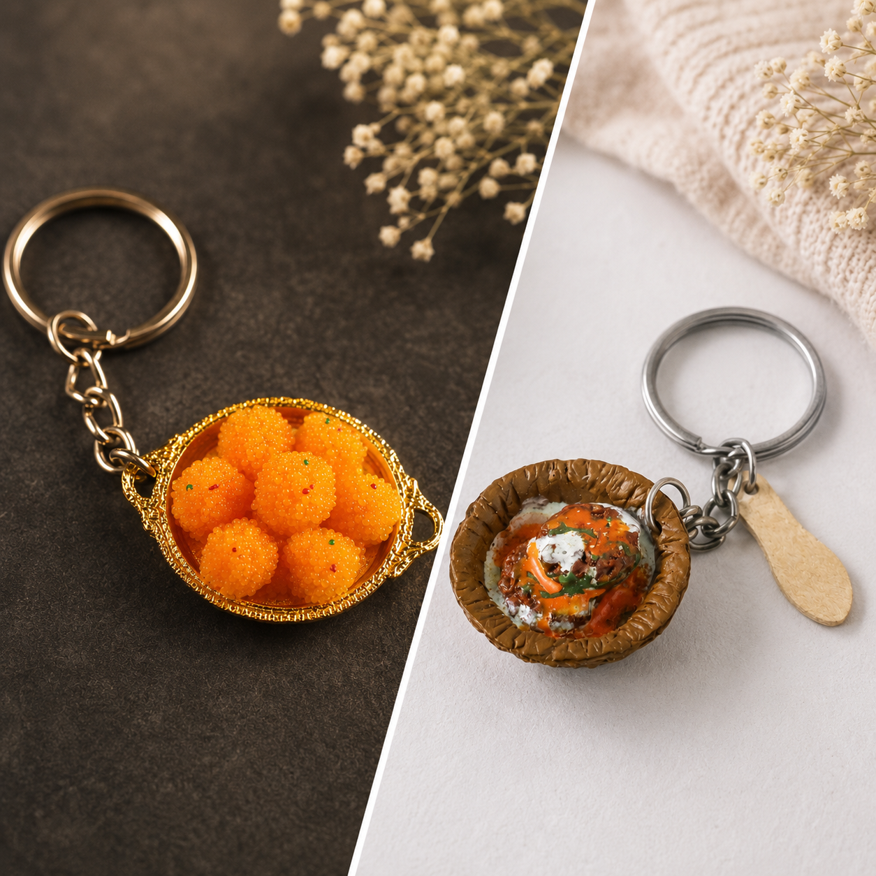 Miniature Boondi Laddu and Aalu Tikki Keychain Set