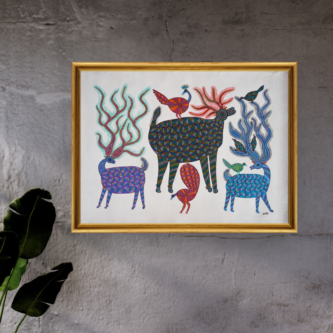 Harmony in the Wild-A Dance of Deer, Peacocks, and Birds Product Image