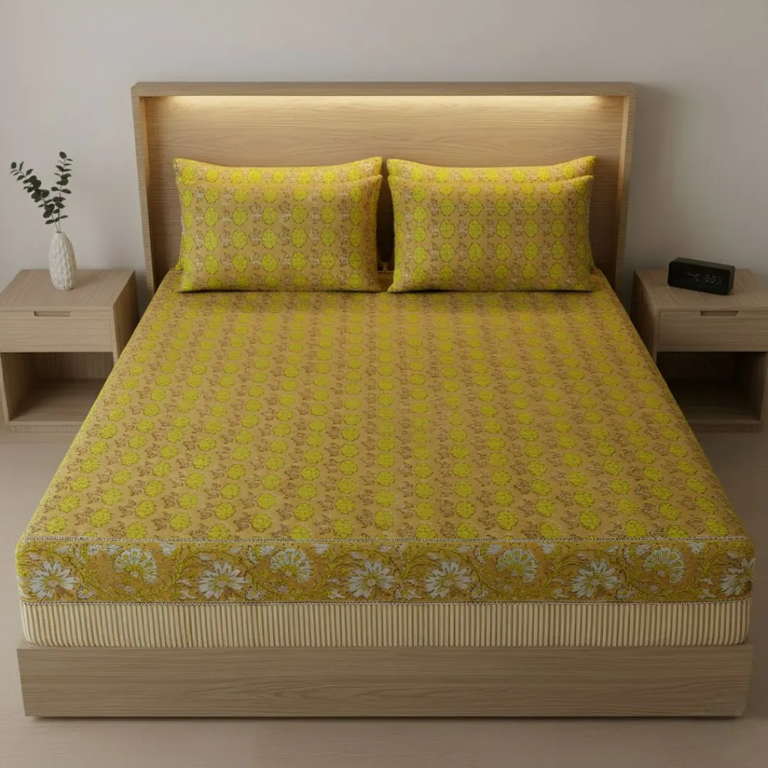 Single-Sided Block Printed Double Bedsheet in Yellow Floral Pattern