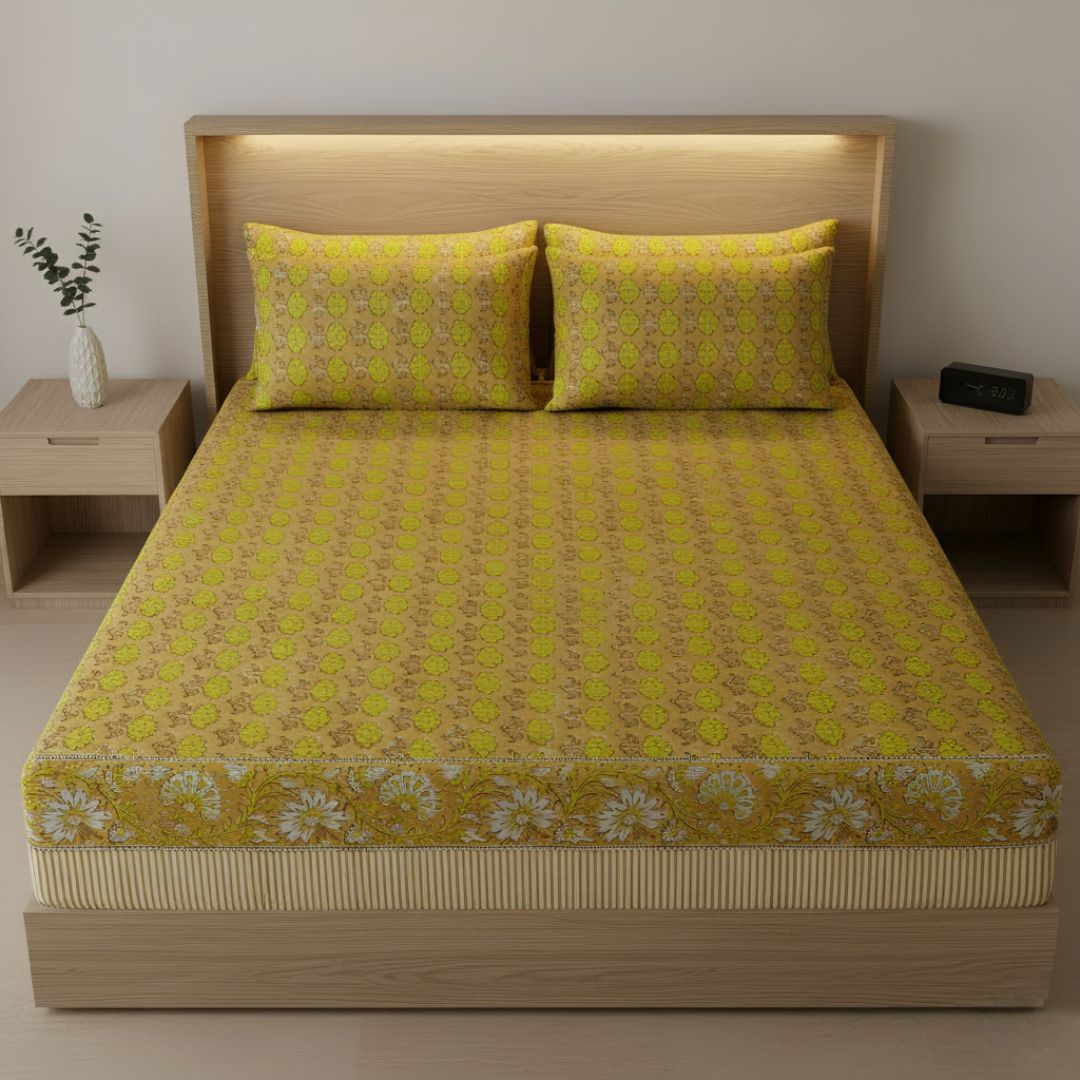 Single-Sided Block Printed Double Bedsheet in Yellow Floral Pattern