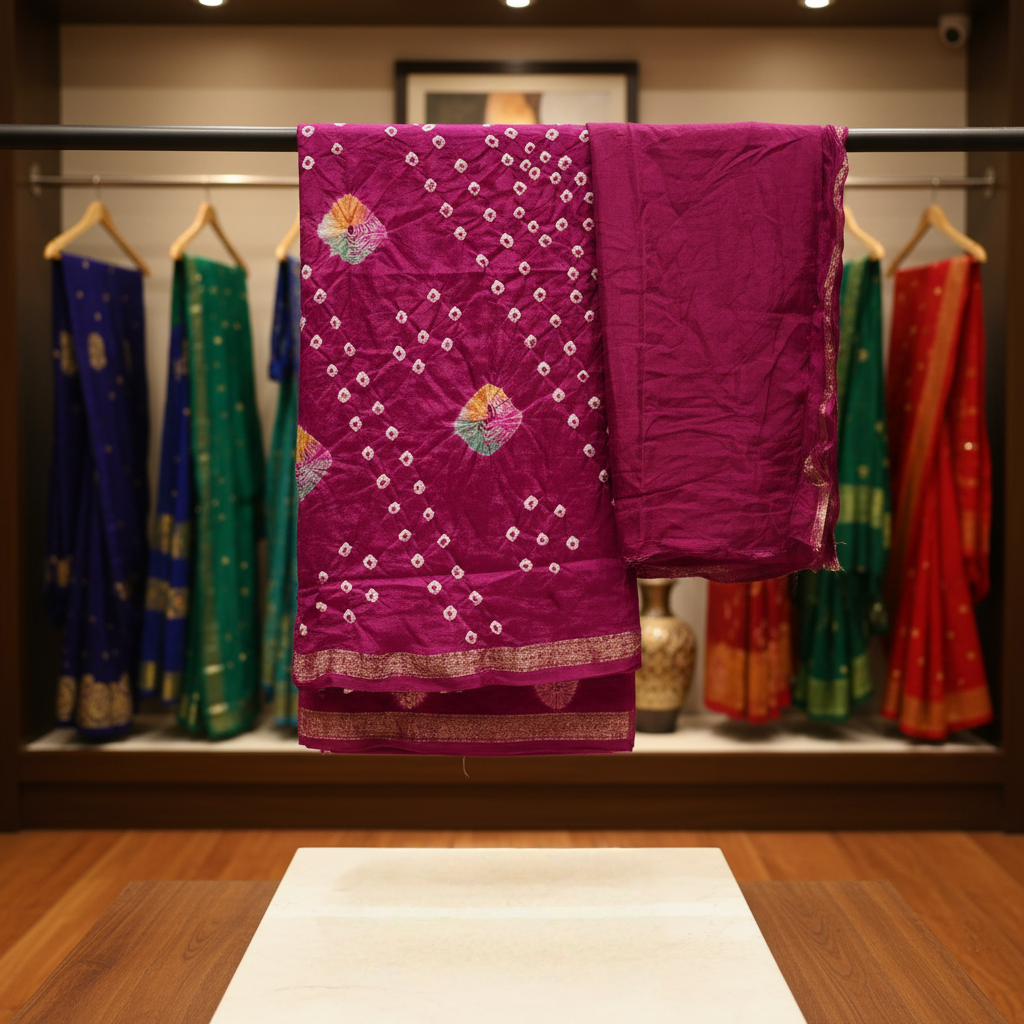 Semi Silk Bandhej Tie & Dye Saree with Coordinated Blouse Piece (Unstitched)