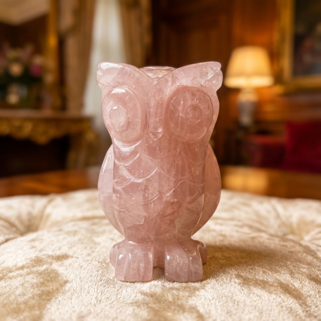 Rose Quartz Owl Sculpture for Home Decor and Positive Energy