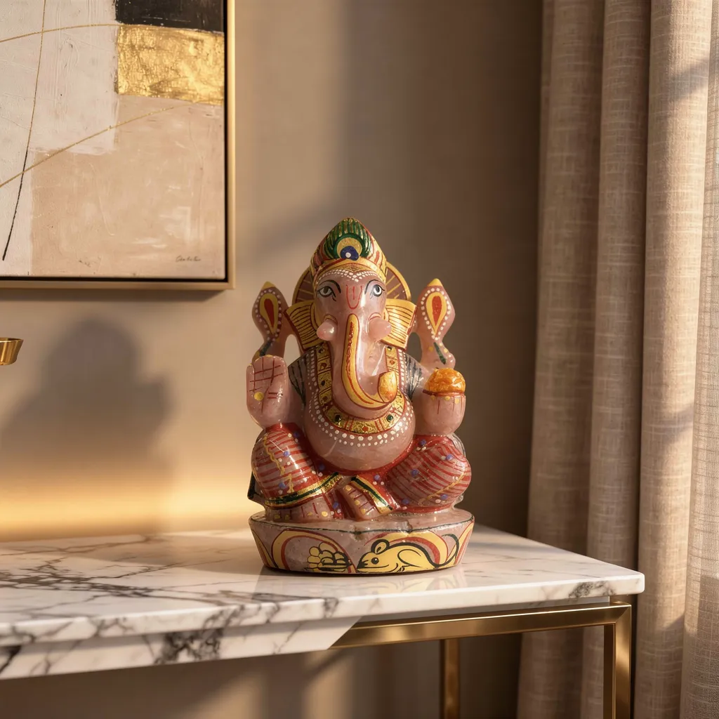 Hand-Carved Rose Quartz Ganesh Idol for Home Decor and Healing